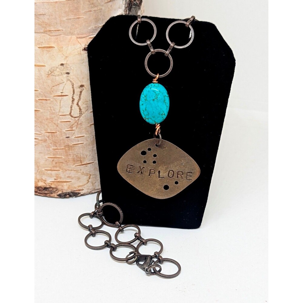 Unisex Turquoise Bead & Brass Medallion EXPLORE Chain Pendant Necklace